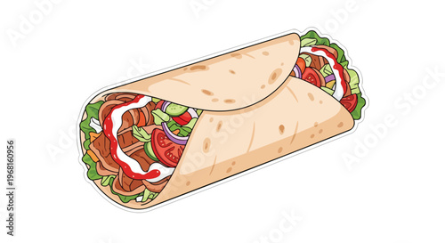 Vibrant cartoon illustration of a savory doner kebab wrap, bursting with fresh ingredients and delicious sauces