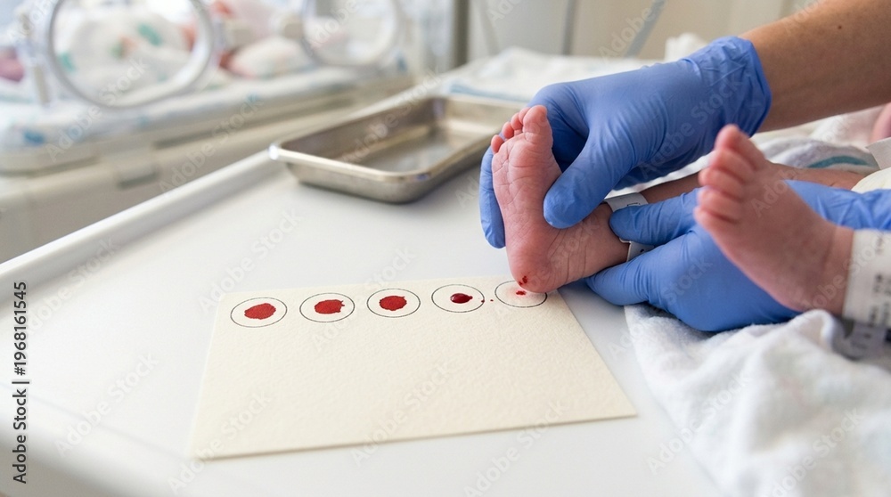 Fototapeta premium Heel Prick Blood Spot Test Card for Newborn Screening in Neonatal Clinical Light No Face No Logo No Text