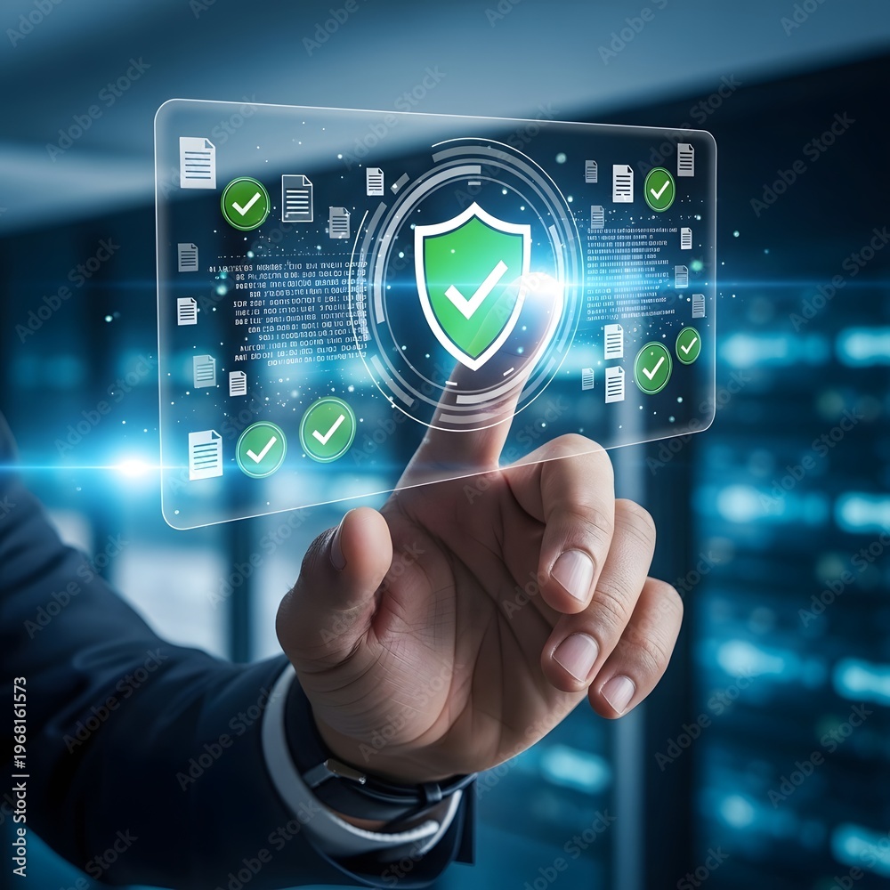 Fototapeta premium Secure digital interface with protective shield symbol on a holographic display