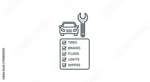 A car icon, wrench, and checklist for automotive services, all in a minimalist style