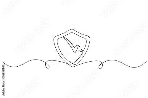 Check mark Continuous one line drawing of a secure shield icon for digital safety
