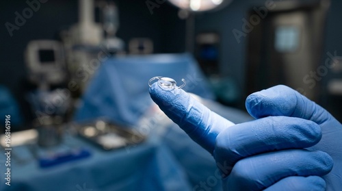 Intraocular Lens IOL Implant on Gloved Fingertip for Cataract Surgery Concept No Face No Logo No Text