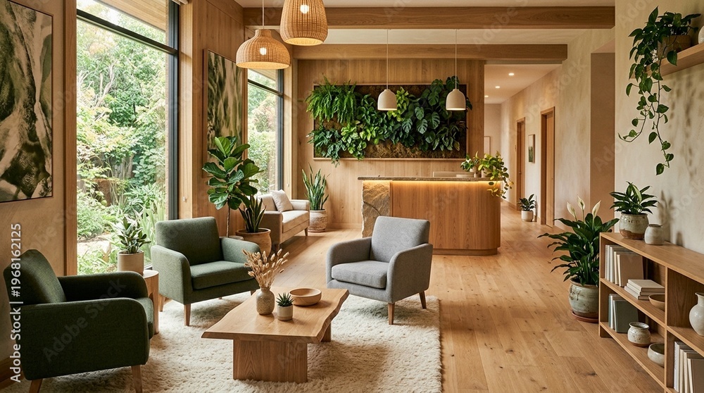 Fototapeta premium Modern Mental Health Clinic Interior with Plants Natural Materials and Warm Calming Ambient Light No Face No Logo No Text