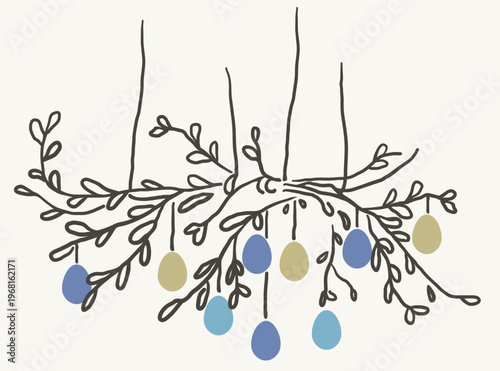 Easter tree branch with eggs in hand drawn style in vector. Element for design advertisement mail posts poster print postcard banner decor backgrounds