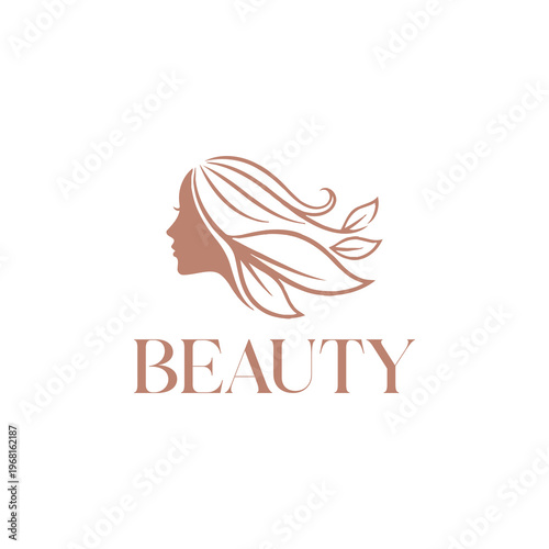 Elegant Woman Profile with Flowing Hair and Leaves Beauty Logo.