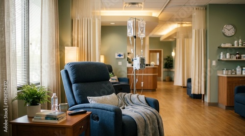 Oncology Infusion Suite with Recliner Chair IV Pole and Soft Warm Ambient Lighting No Face No Logo No Text