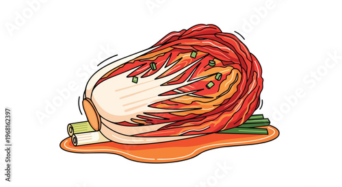Vibrant illustration of traditional spicy fermented napa cabbage kimchi with fresh green onions a staple of authentic Korean cuisine and healthy
