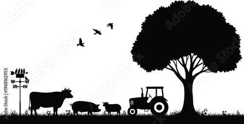 Peaceful rural farm landscape silhouette with tractor, animals, tree, weather vane, and birds in countryside scene