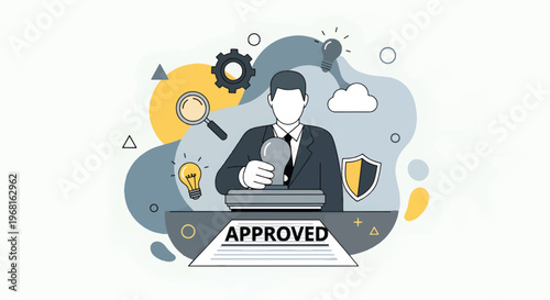 A modern flat vector illustration shows a businessman giving approval in a professional setting with various symbols surrounding him in an office environment viewed from a side angle.