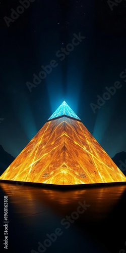 Illuminated pyramid bathed in ethereal glow against cosmic abyss, a celestial beacon,  celestial,  discovery