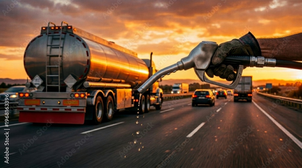Fototapeta premium Fuel Nozzle Leaking with Tanker Truck Driving on Highway at Sunset