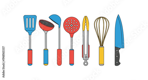 Vibrant assortment of culinary tools essential for everyday kitchen tasks, showcasing a modern flat design style perfect for cooking enthusiasts and