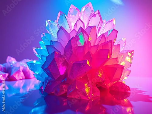 Iridescent crystalline formations bloom, bathed in electric blues and vibrant magentas, casting sharp, geometric shadows,  spectrum,  vibrant