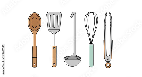 Essential kitchen implements in a clean, modern flat design: wooden spoon, slotted spatula, deep ladle, whisk, and robust tongs for diverse culinary