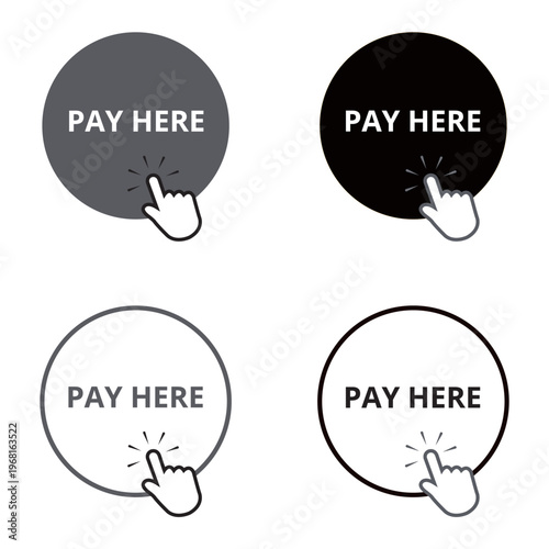 Gray, black and white pay here round buttons isolated on a white background
