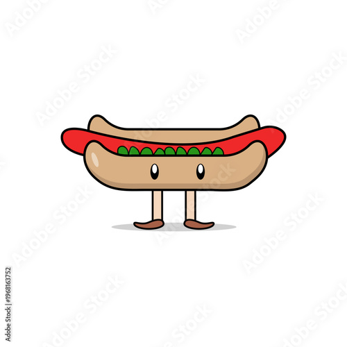 Cute hot dog cartoon character standing with eyes and legs isolated on white background.