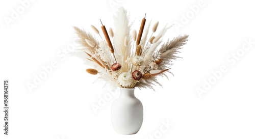 A white vase with dried flowers and grasses