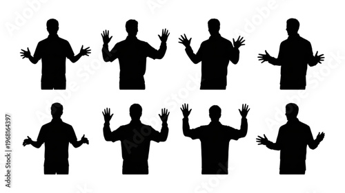 Silhouettes of people raising their hands in various gestures of communication or questioning Vector