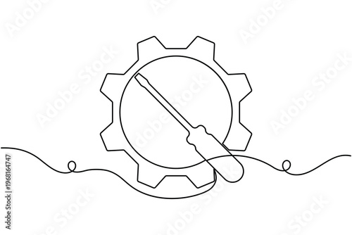 Screwdriver and cogwheel gear sign icon continuous one line art single drawing on white background minimalist technical tools symbol outline vector illustration