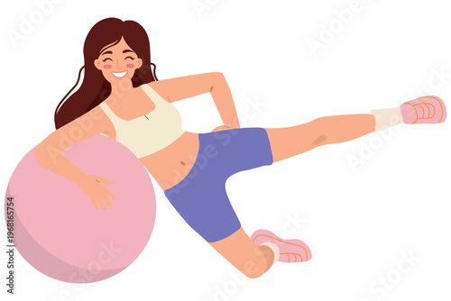 A young woman in purple and beige sportswear is performing a leg-raising exercise against a pink fitness ball. She is balanced and smiling. 