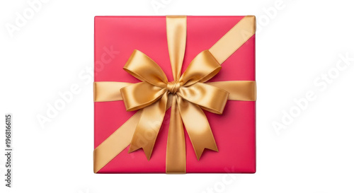A pink gift box with a gold ribbon