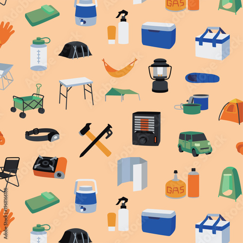 Colorful camping gear seamless pattern background