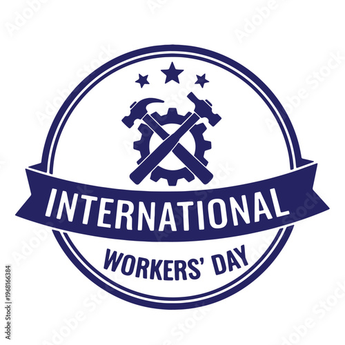 International workers' day badge with crossed hammers and gear with labor day with working class