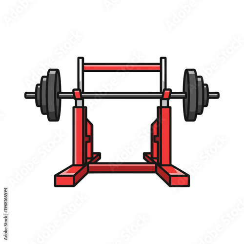 Illustration of a red weightlifting squat rack with a barbell and plates vector