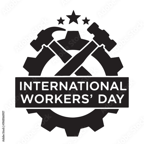 International workers' day emblem with crossed hammers and gear with labor day with may day with workers rights