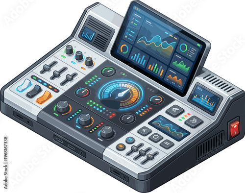 An isometric digital audio mixer console featuring faders, knobs, and a screen with graphs. This pixel art illustration is suited for music production and sound engineering themes.