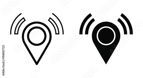 Set of location pin icons with signal waves, gps navigation symbol, map marker with radio waves, vector illustration