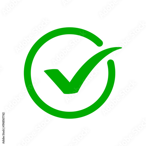 A bright green check mark symbol centered inside a circular border representing success and valid