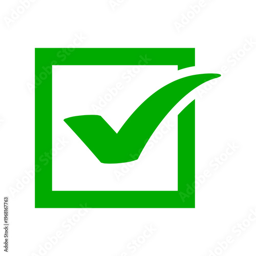 A vibrant green check mark symbol placed perfectly inside a bold square box for web interface