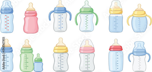 Baby Feeding Bottles Collection with Different Shapes and Colors, Infant Milk Containers Set for Nursery and Parenting Vector Illustration
