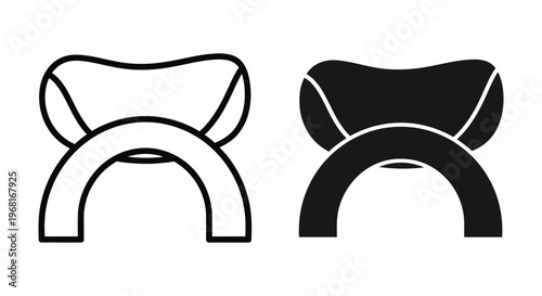 Set of icons representing a modern ergonomic stool or chair, featuring a curved seat design in both outline and solid styles