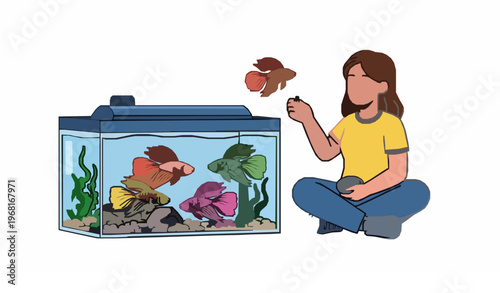 Happy woman feeding colorful betta fish in aquarium tank cartoon vector illustration playful character scene