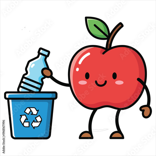 Cute Apple Character Recycling Plastic Bottle Cartoon Illustration
