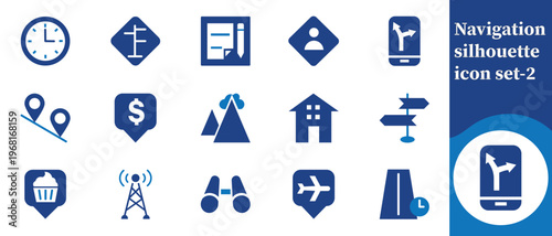 A collection of blue navigation and informational icons including clocks locations and communication symbols high quality professional detailed modern elegant stylish