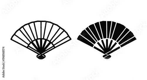 Set of folding fans, vector illustration of hand fans, black and white icons of traditional japanese or chinese fans
