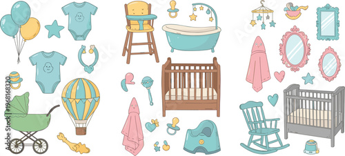Baby Nursery Essentials Set with Crib, Stroller and Toys, Cute Infant Care Illustration Collection