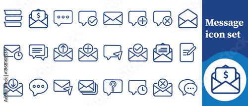 A collection of blue line icons representing various communication methods including messages emails and notifications high quality professional detailed modern elegant