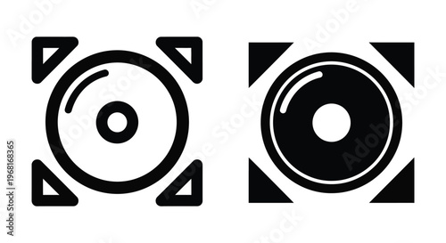 Set of two abstract circular icons with corner accents, minimalist geometric design elements for ui and graphic projects