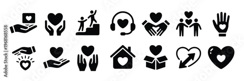 Charity Support Icons Helping Hands Donation Community Care Volunteering Social Work Kindness Empathy Love Connection People Assistance Vector Illustration Set Isolated Background