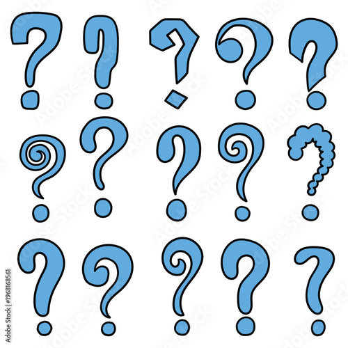 Hand-drawn cartoon set of blue question marks on a white background.