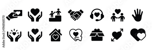 Charity Support Icons Helping Hands Donation Community Care Volunteering Social Work Kindness Empathy Love Connection People Assistance Vector Illustration Collection Isolated Background