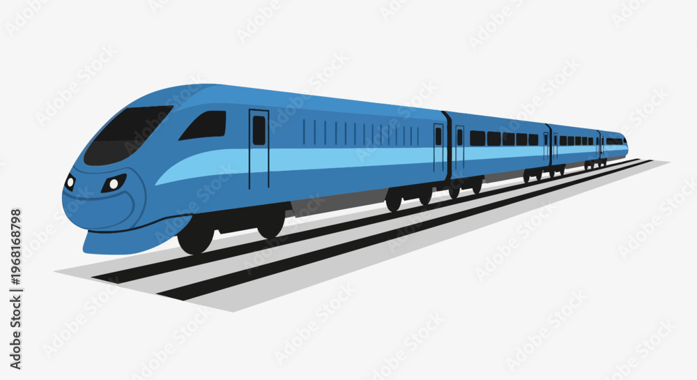 Fototapeta premium A blue high-speed train travels on black and white tracks. Perspective view, simple style