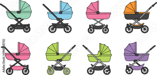 Baby Stroller Set in Different Colors, Pram and Pushchair Cartoon Collection