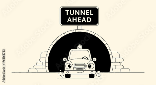 A cute car approaches a tunnel with a "Tunnel Ahead" sign, cartoon-like and in black and white