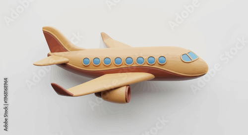 A cartoon-style passenger airplane in shades of brown, with windows. The plane sits on a white backdrop