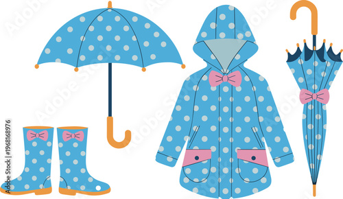 Cute polka dot rain accessories set including umbrella, raincoat and boots, colorful rainy weather clothing cartoon vector illustration collection isolated
